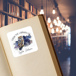 Etiqueta de libro búho cielo nocturno estrellado c