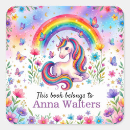 Etiqueta de libro de arcoíris de unicornio persona