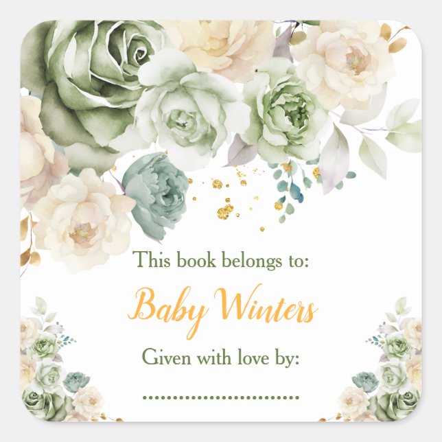 Etiqueta de libro para baby shower floral en verde (Anverso)