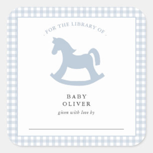 Etiqueta de libro para bebé niño de gingham azul