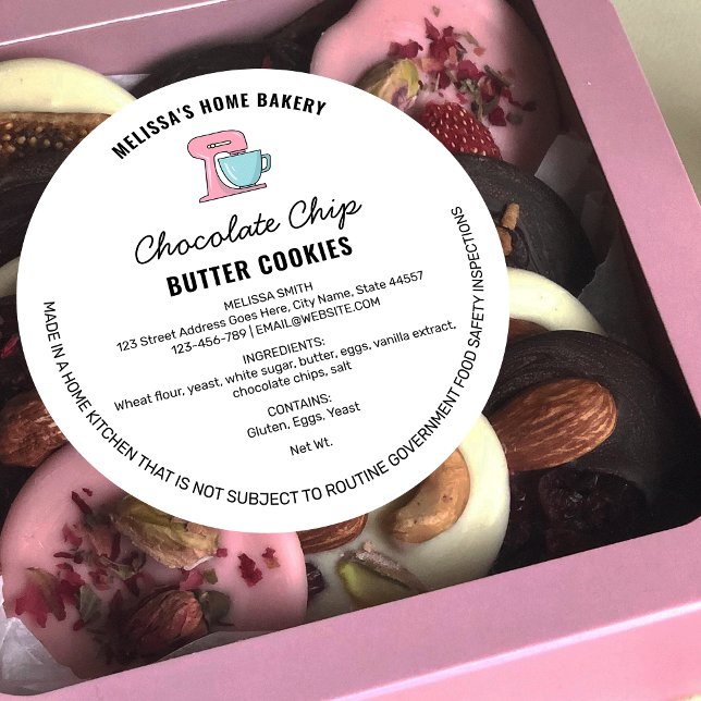 Etiqueta de licencia de alimentos para panadería m (Trendy home bakery food labels with ingredients, contact details and a cute mixer clip art )
