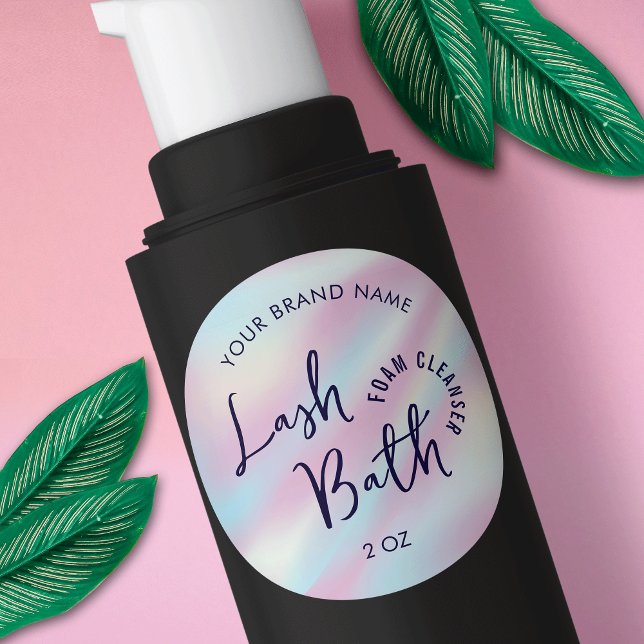 Etiqueta de limpieza de baño holográfica de moda (Trendy girly holographic effect lash bath bottle round label)