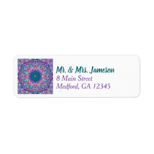 Etiqueta de Mandala Floral Morado, Turquesa y Rosa