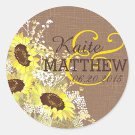 Etiqueta de matrimonio de girasol y birlap