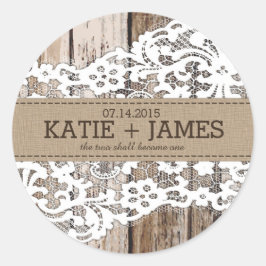 Etiqueta de matrimonio rústico de madera y encaje