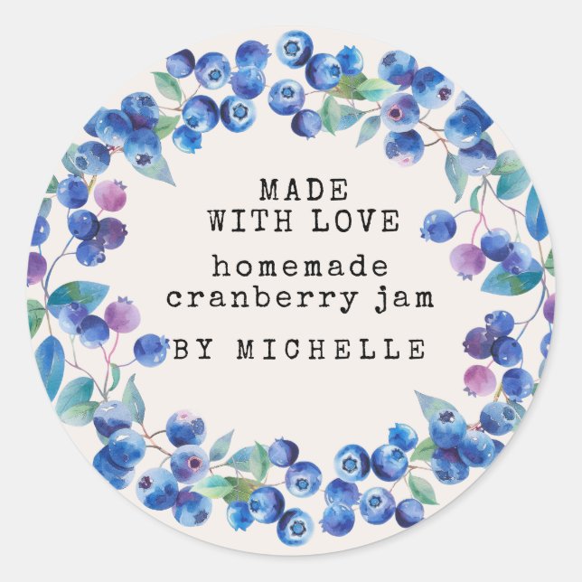 Etiqueta de mermelada de arándano con wreath acuar (Anverso)