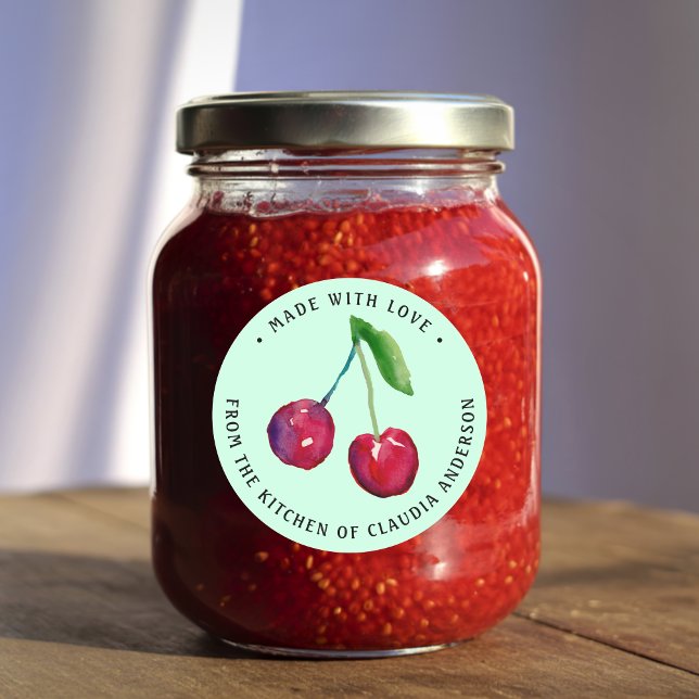 Etiqueta de Mermelada Rústica de Cereza en Acuarel (This cute cherry label on a lime creme background features my own original watercolor artwork.)