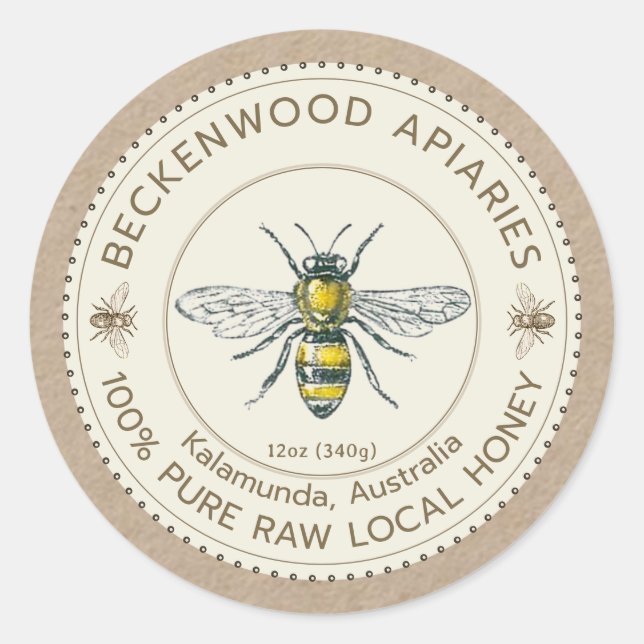 Etiqueta de miel de abeja de cosecha en apicultor  (Anverso)