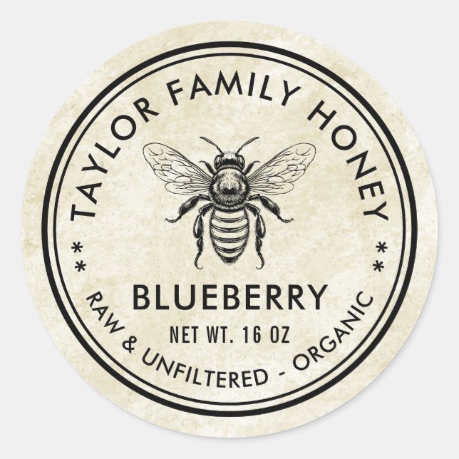 Etiqueta de miel de arándano azul con abeja de mie (Anverso)