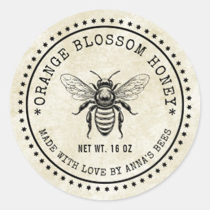 Etiqueta de miel de flor de naranja con abeja de e
