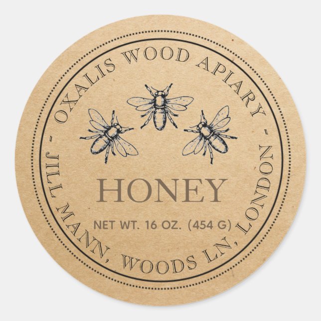 Etiqueta de miel de KRAFT con abejas heráldicas (Anverso)