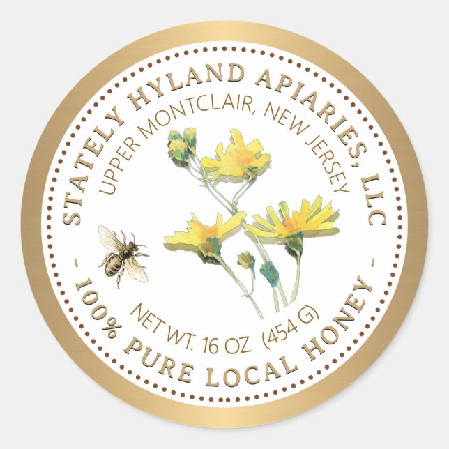 Etiqueta de Miel Flor Amarilla Abeja y Borde Dorad (Anverso)