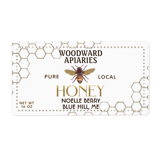 Etiqueta de miel hexagonal de 12 oz con abeja melí (Frente)