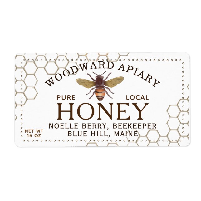 Etiqueta de miel hexagonal de 12 oz con abeja melí (Frente)