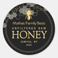 Etiqueta de miel negra con abeja estilizada y panz