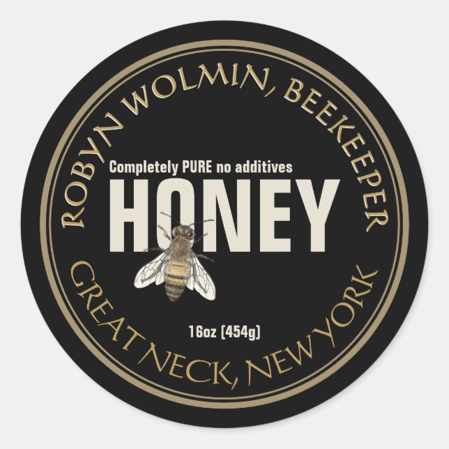 Etiqueta de miel negra con cosecha moderna de abej (Anverso)