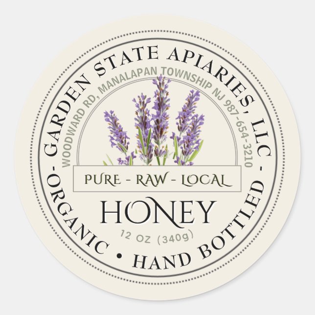 Etiqueta de miel orgánica con lavanda ventilado en (Anverso)