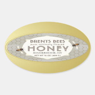 Etiqueta de miel óval con abeja, panal de miel, bo