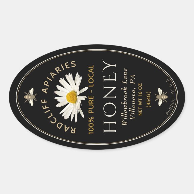 Etiqueta de miel óval con abejas heráldicas y marg (Anverso)