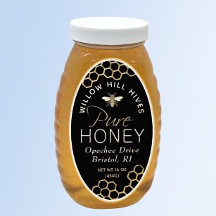 Etiqueta de miel Queenline negra con abeja y panal
