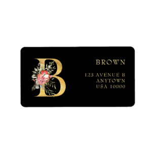Etiqueta de monograma B dorado con flores rosadas 