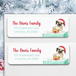 Etiqueta de Navidad alegre con pug francés acuarel