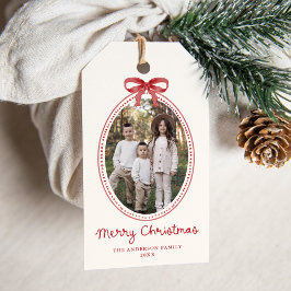 Etiqueta de Navidad con Foto de Crema Roja con Laz