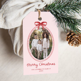 Etiqueta de Navidad con Foto Rosa y Lazo Rojo Vint