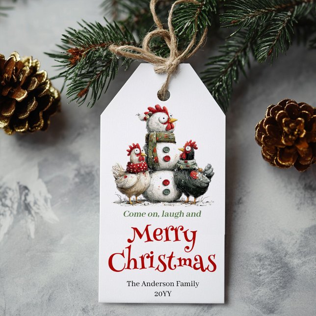 Etiqueta de Navidad de Gallinas Caprichosas Editab (Cheerful Quirky Chickens Christmas Tag Editable)