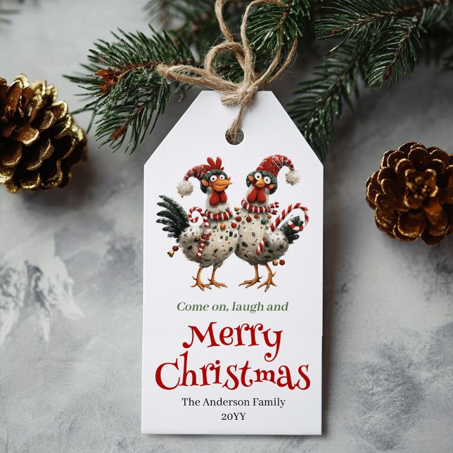 Etiqueta de Navidad de Pollos Caprichosos Estilo D (Whimsical Chickens Christmas Tag Cartoon Style)