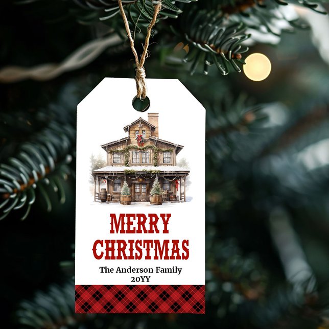 Etiqueta de Navidad de rancho personalizada con ba (Personalized ranch Christmas tag with red bandana)
