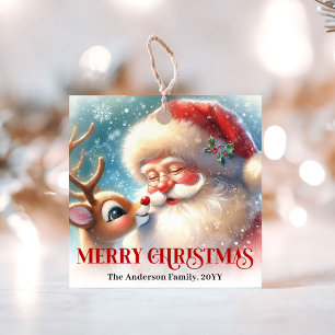 Etiqueta de Navidad de Santa y Rudolph estilo cari