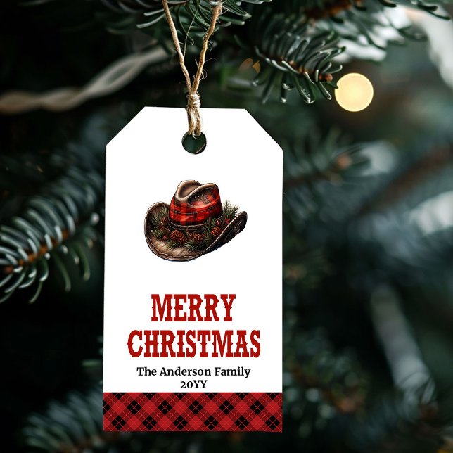 Etiqueta de Navidad occidental editable con sombre (Editable Western Christmas tag with cowboy hat)