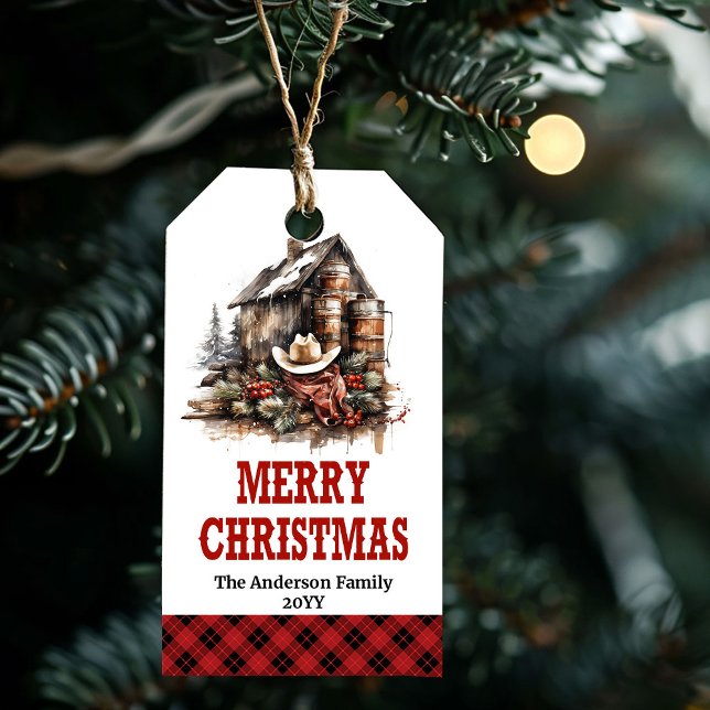 Etiqueta de Navidad occidental personalizada con n (Personalized Western Christmas tag custom name)