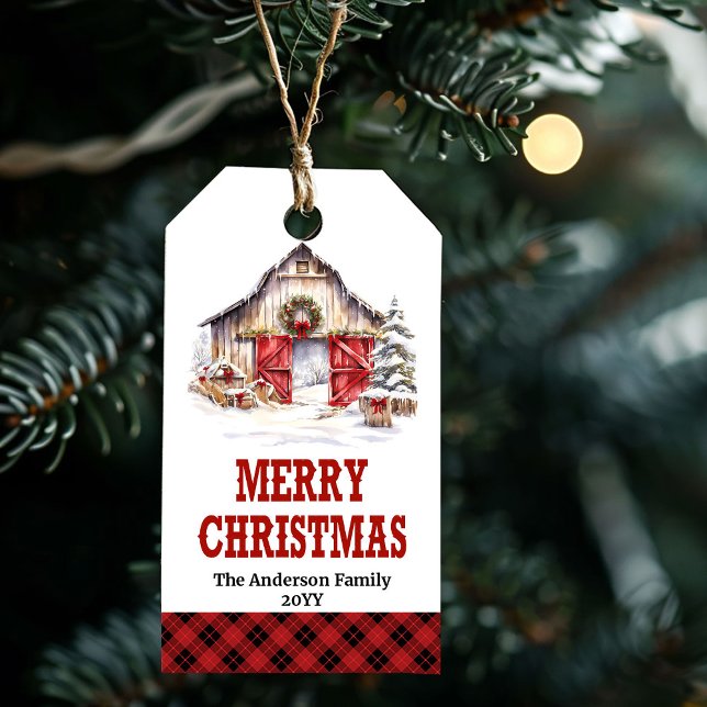 Etiqueta de Navidad rancho verde rojo con botas de (Red green ranch Christmas tag with cowboy boots)
