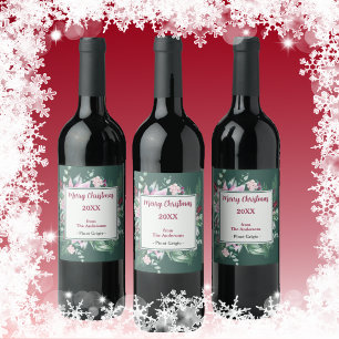 Etiqueta de Navidad verde y floral rosa
