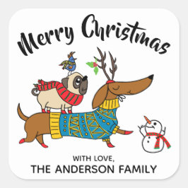 Etiqueta de Navidades Dachshund, Pug & Bird