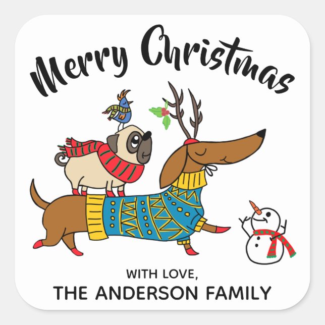Etiqueta de Navidades Dachshund, Pug & Bird (Anverso)