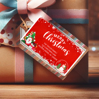 Etiqueta de Navidades de copos de nieve rojos y ru