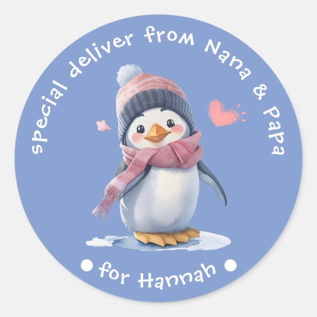 Etiqueta de Navidades de pingüino dulce azul para  (Anverso)