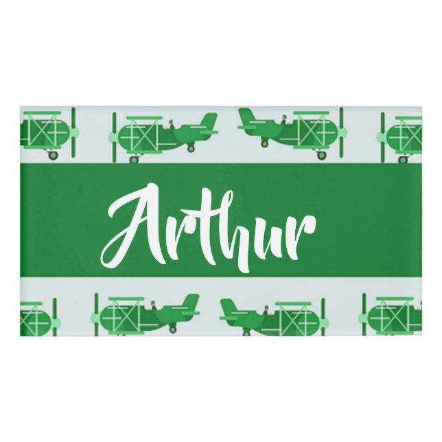 Etiqueta De Nombre Aviones voladores verdes sobre azul (Anverso)