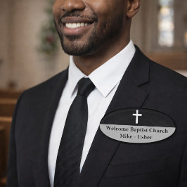 Etiqueta De Nombre Bienvenida Iglesia Cristiana Blanco y Negro Ushers