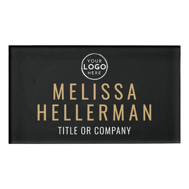 Etiqueta De Nombre Black Gold Minimalist Logo Employee (Anverso)