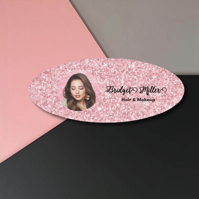 Etiqueta De Nombre Blush Glitter hair salon elegant script photo (Subido por el creador)
