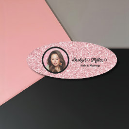Etiqueta De Nombre Blush Glitter hair salon elegant script photo