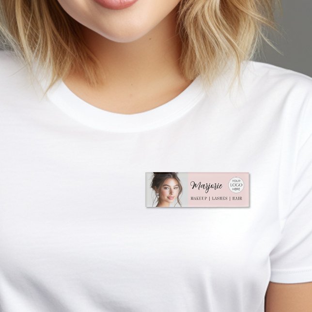 Etiqueta De Nombre Blush Pink Script Logo Photo Makeup (elegant blush pink black makeup salon add your own logo magnetic name tag)