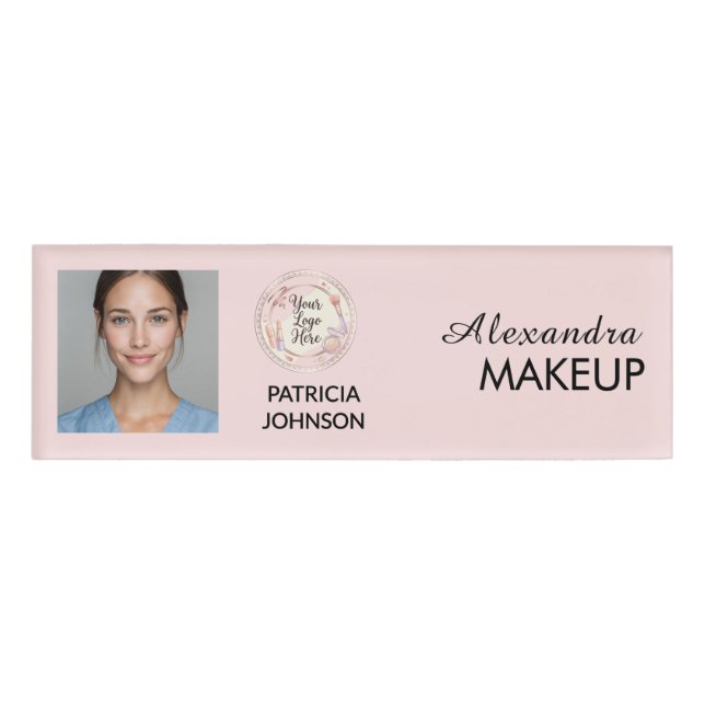 Etiqueta De Nombre Blush Pink Script Logo Photo Makeup (Anverso)