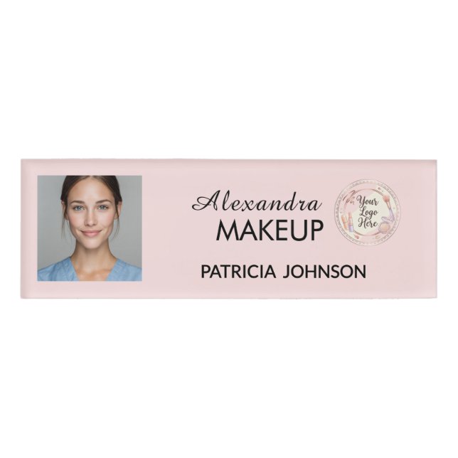 Etiqueta De Nombre Blush Pink Script Logo Photo Makeup (Anverso)