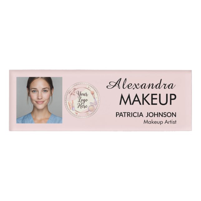 Etiqueta De Nombre Blush Pink Script Logo Photo Makeup (Anverso)