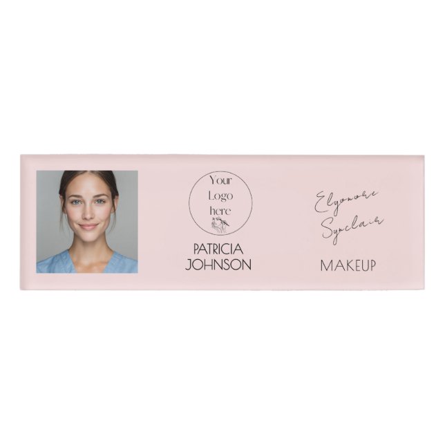 Etiqueta De Nombre Blush Pink Script Logo Photo Makeup (Anverso)